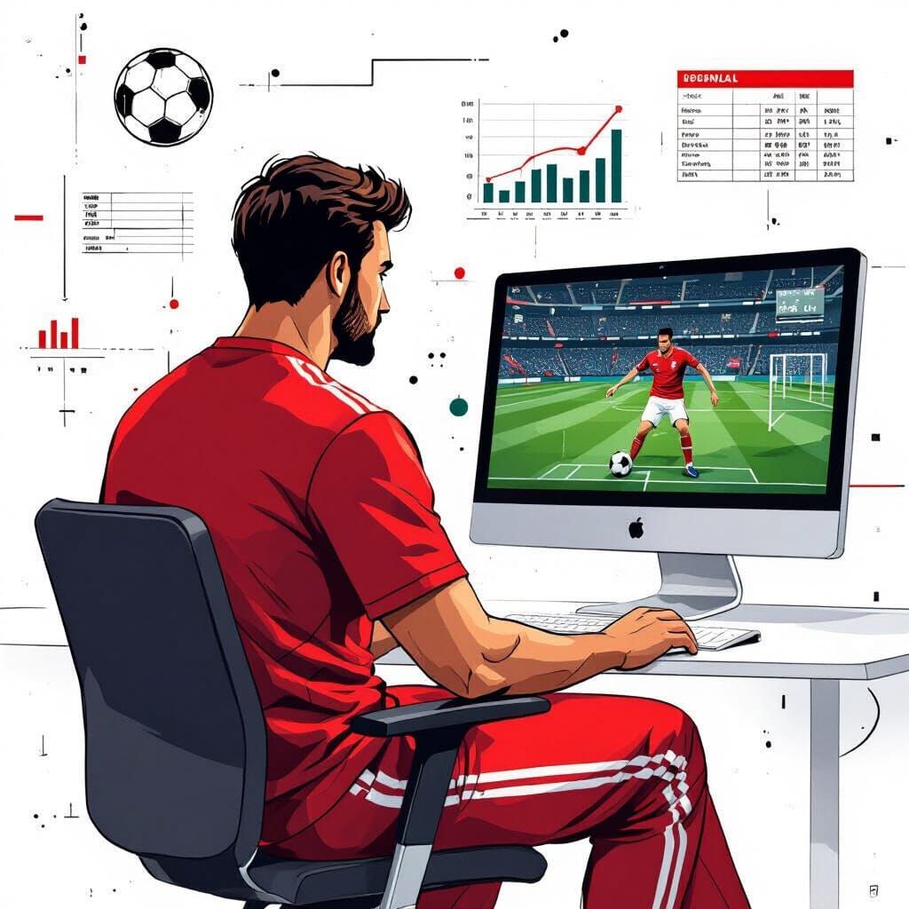 Man Analyzes Soccer Stats in Futuristic Style