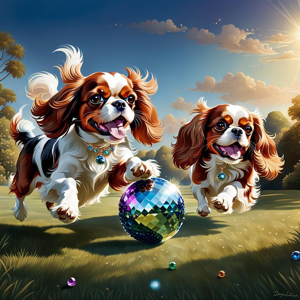 Bejeweled Cavalier King Charles spaniels chasing a bejeweled...