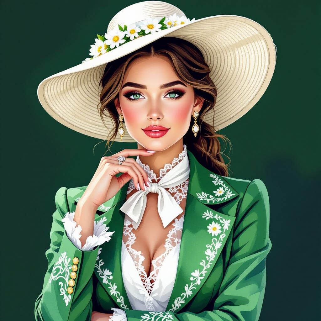 Elegant Woman in White Hat, Watercolor and Acrylic