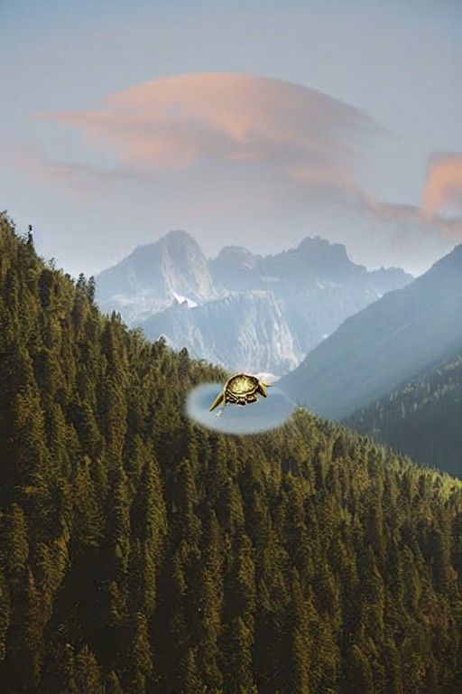 Flying Turtle with Gold Shield Over Forest