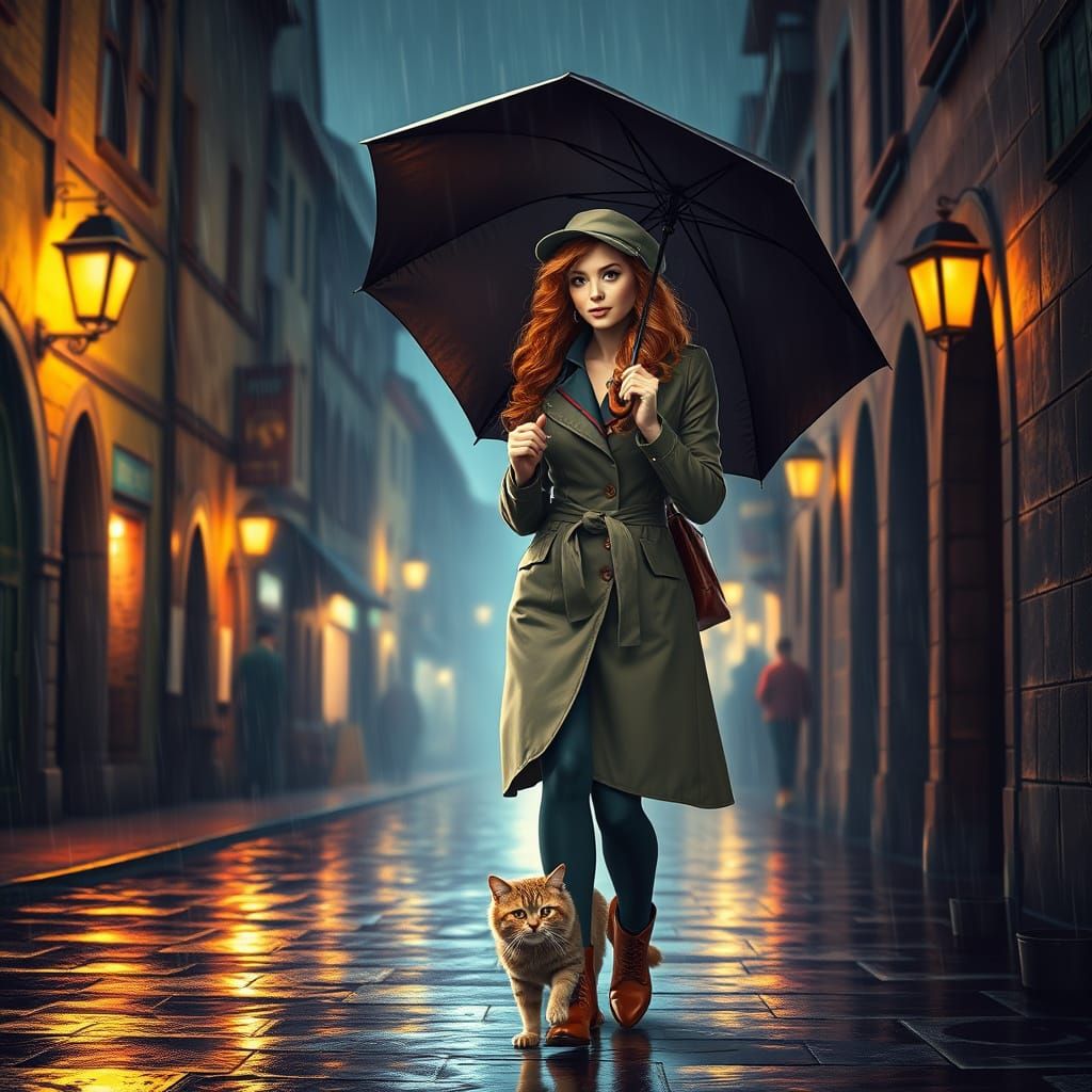 Ginger Woman With Cat in Rainy Medieval Street