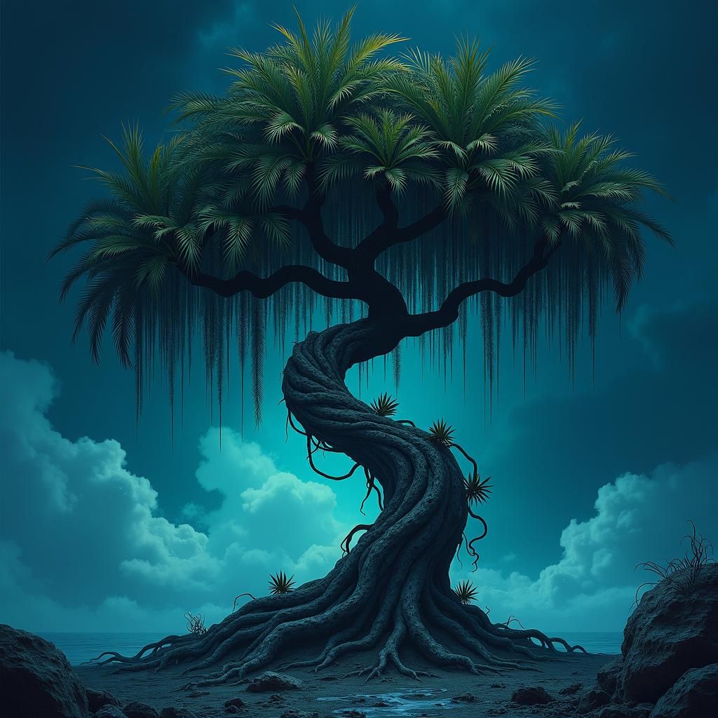 Eerie Palm Tree with Glowing Foliage in Dreamlike Landscape