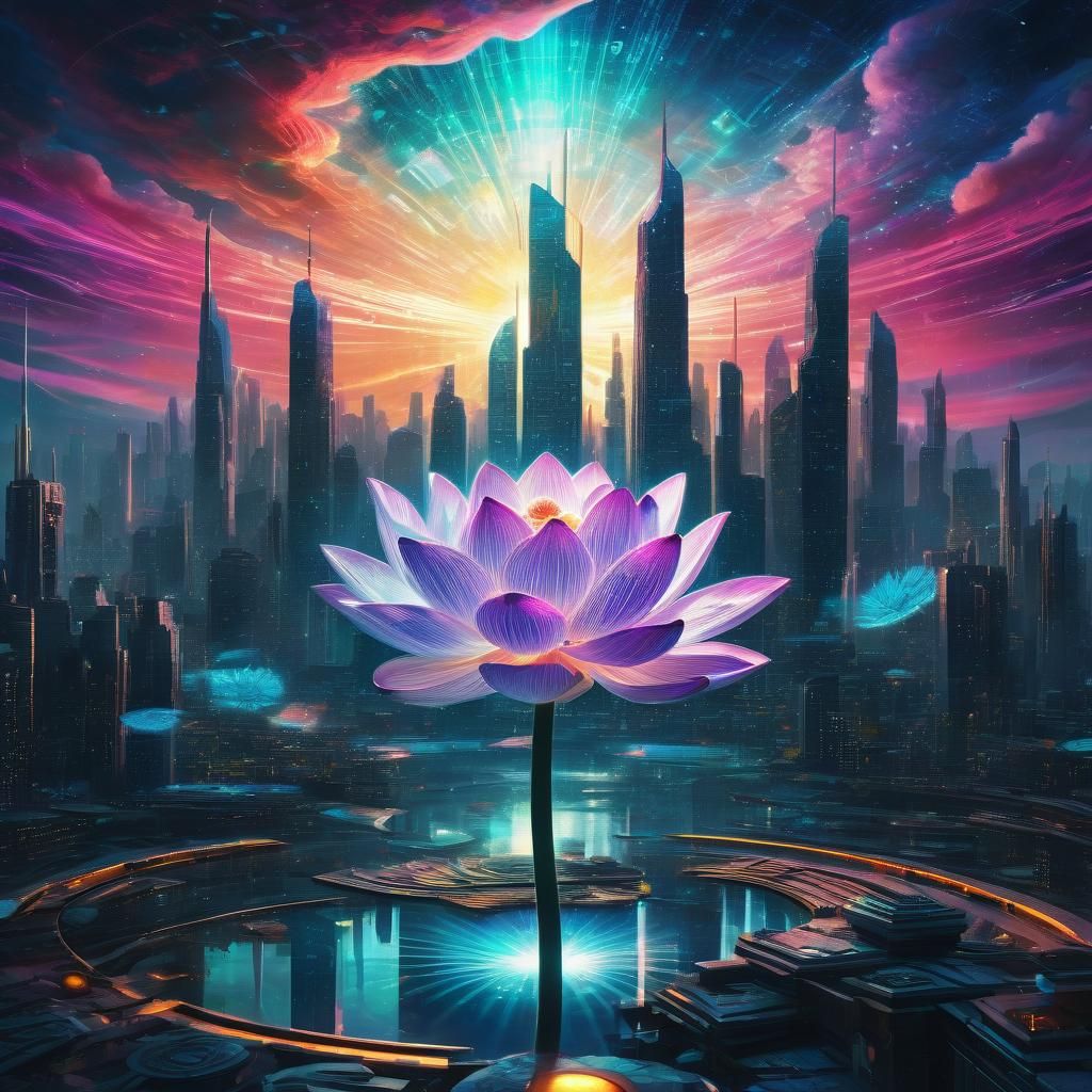 Lotus Flower Blooms in Futuristic Cityscape