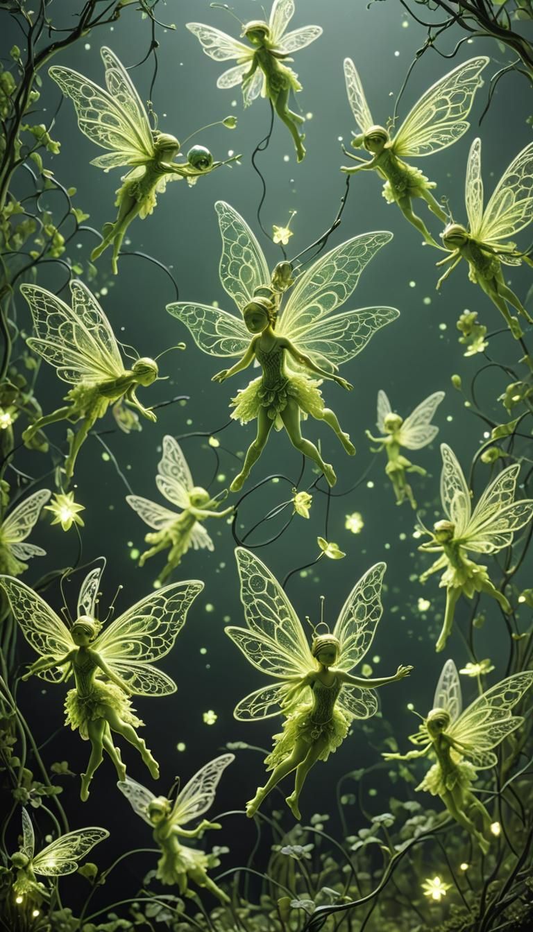 Bioluminescence Lime green lace flying tiny fairies Intricat...