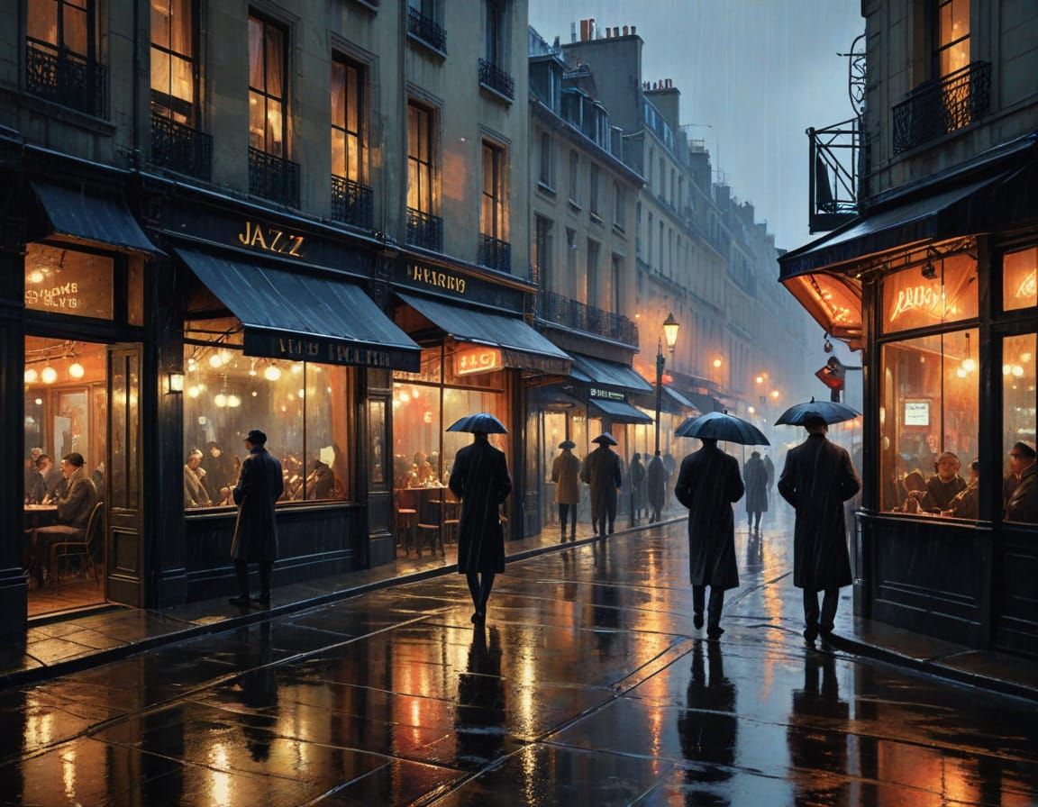 1920s Parisian Jazz Club at Night in Watercolor Style