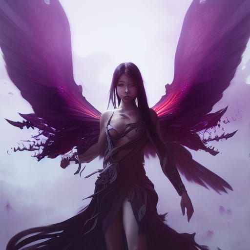 Asian Demon with Purple Cyborg Wings, Digital Art