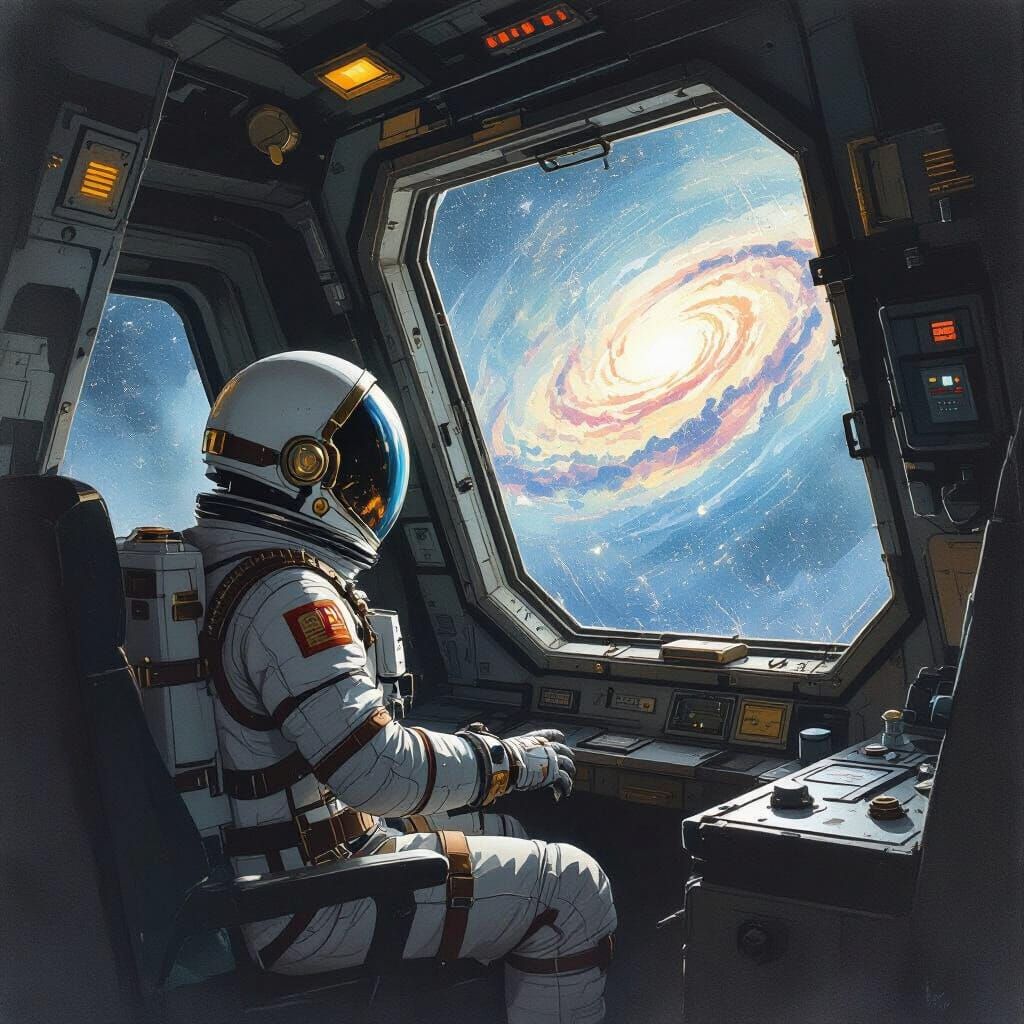 Astronaut Contemplates Swirling Galaxy from Derelict Ship