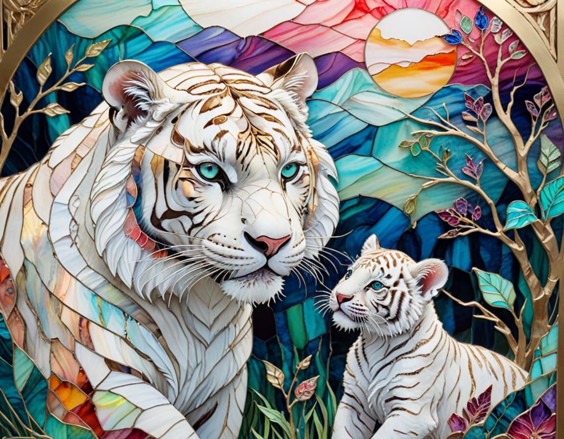 Exquisite Stained Glass Tiger in Vibrant Landscape