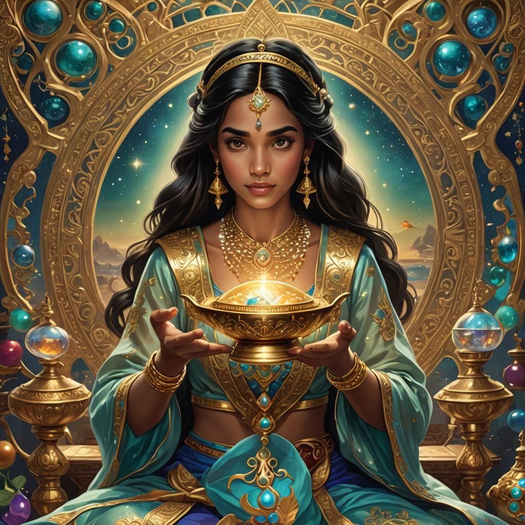"Jasmine holding in her hands Aladdin's magic lamp decorated with gold and precious stones 8k resolution holographic ast...