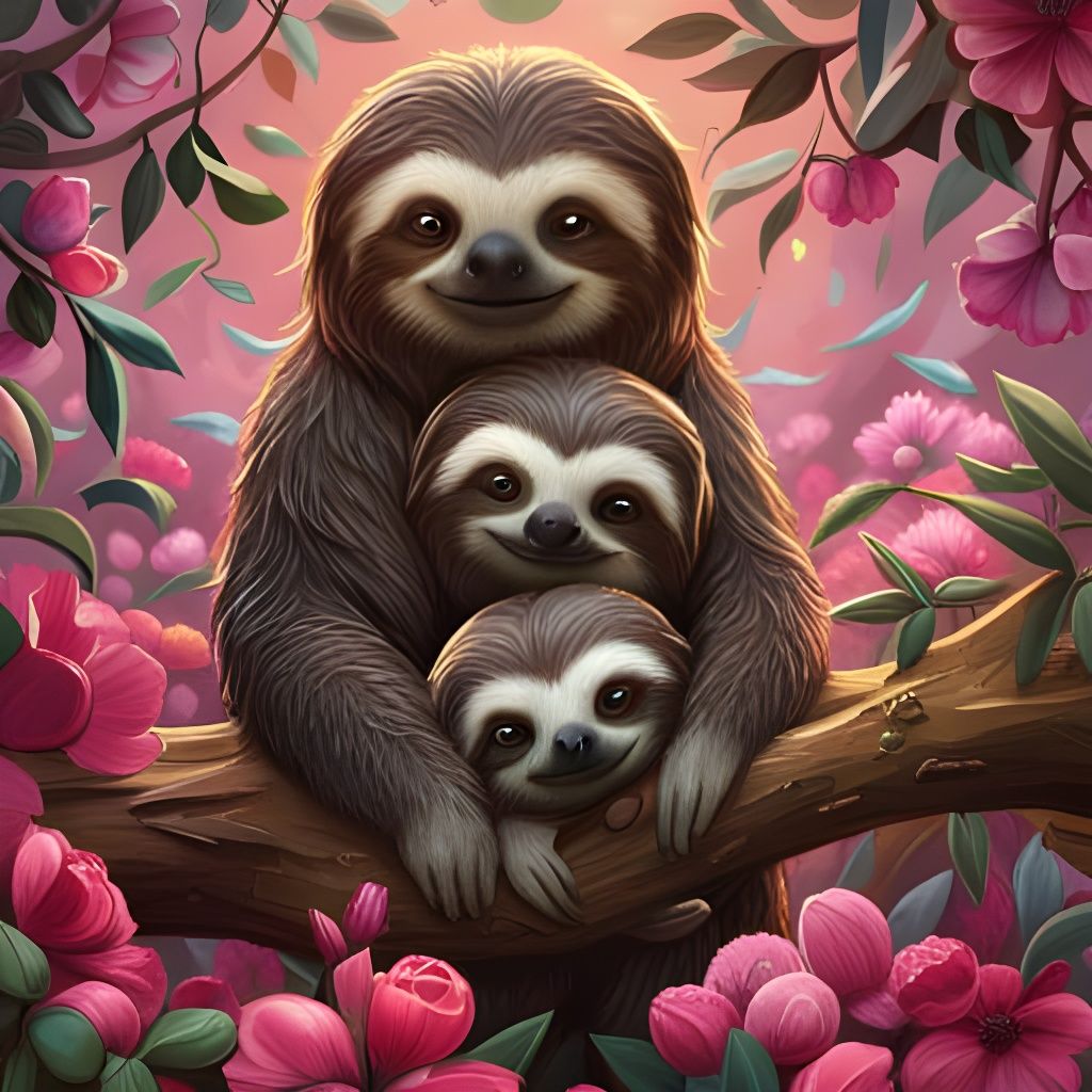 Cute Sloth Family Hugging in Flowery Tree
