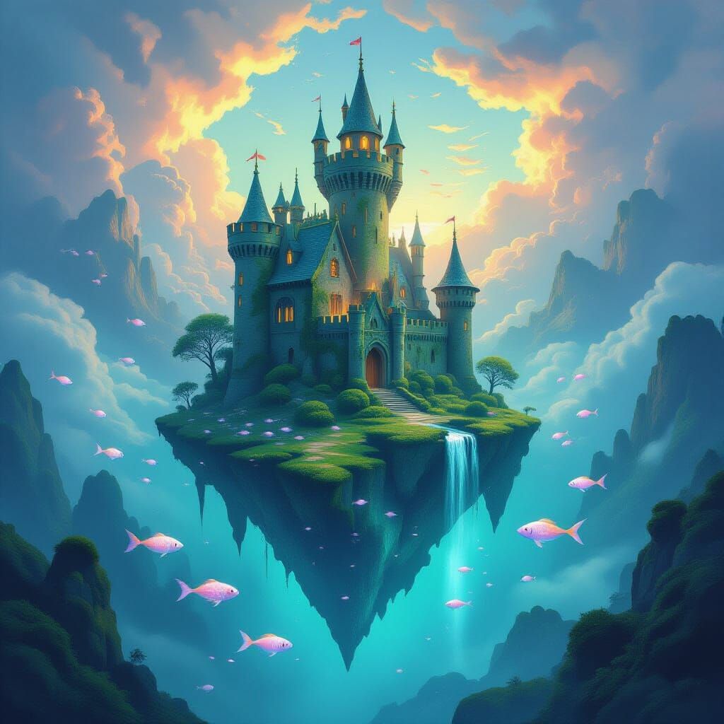 Ancient Castle on Floating Island in Ethereal Sky