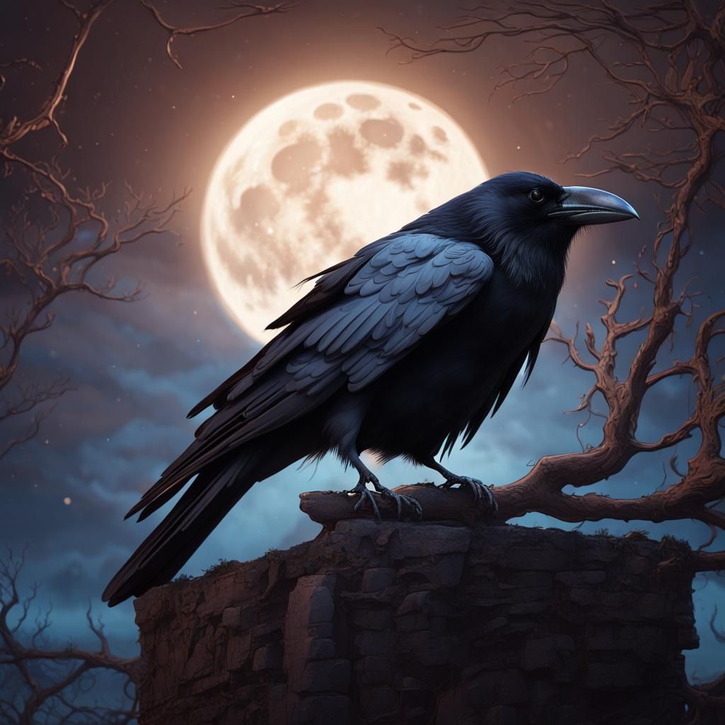 Crow Gazing at Moon: Detailed Matte Painting