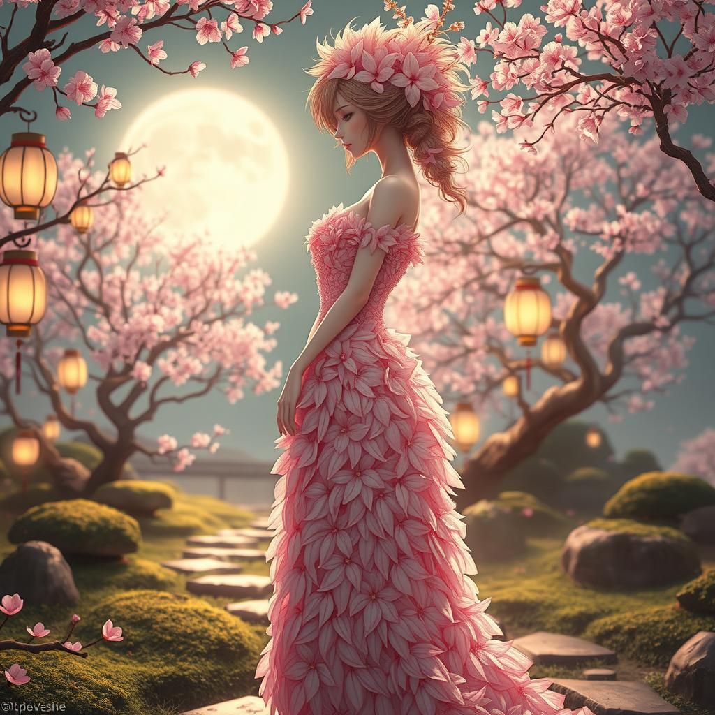 Sakura Lady in Moonlit Japanese Garden