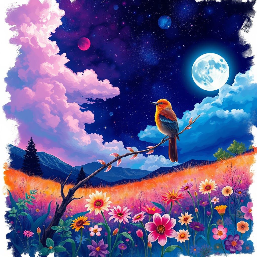 Dreamy Starry Night Landscape with Majestic Bird