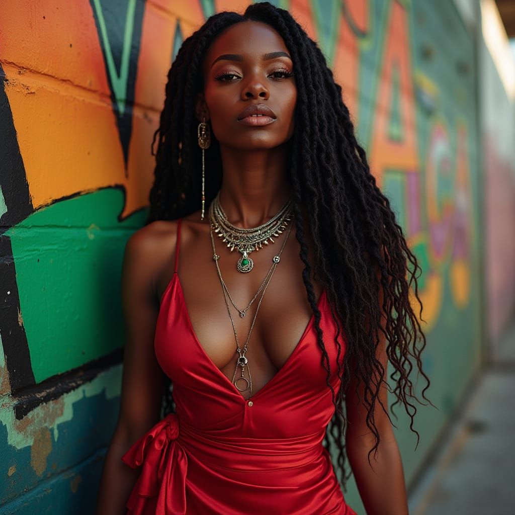 Confident Woman with Dreadlocks in Synthwave Style