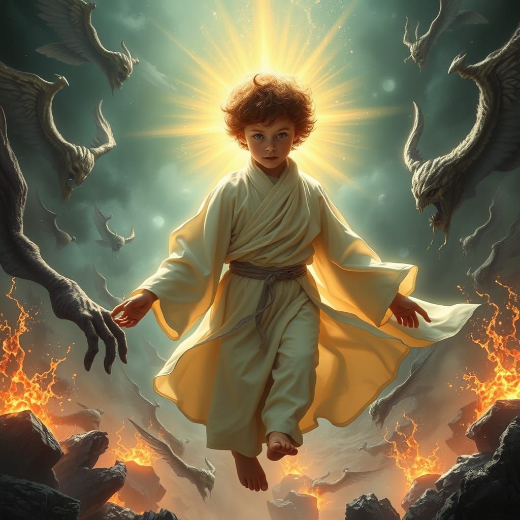 Radiant Boy Ascends Amidst Angels and Demons