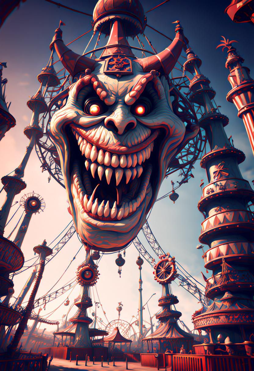 Creepy Circus Announcer in Sprawling Theme Park