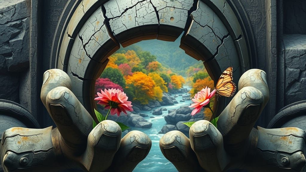 Ancient Guardian Cradles Inner Worlds in Stone