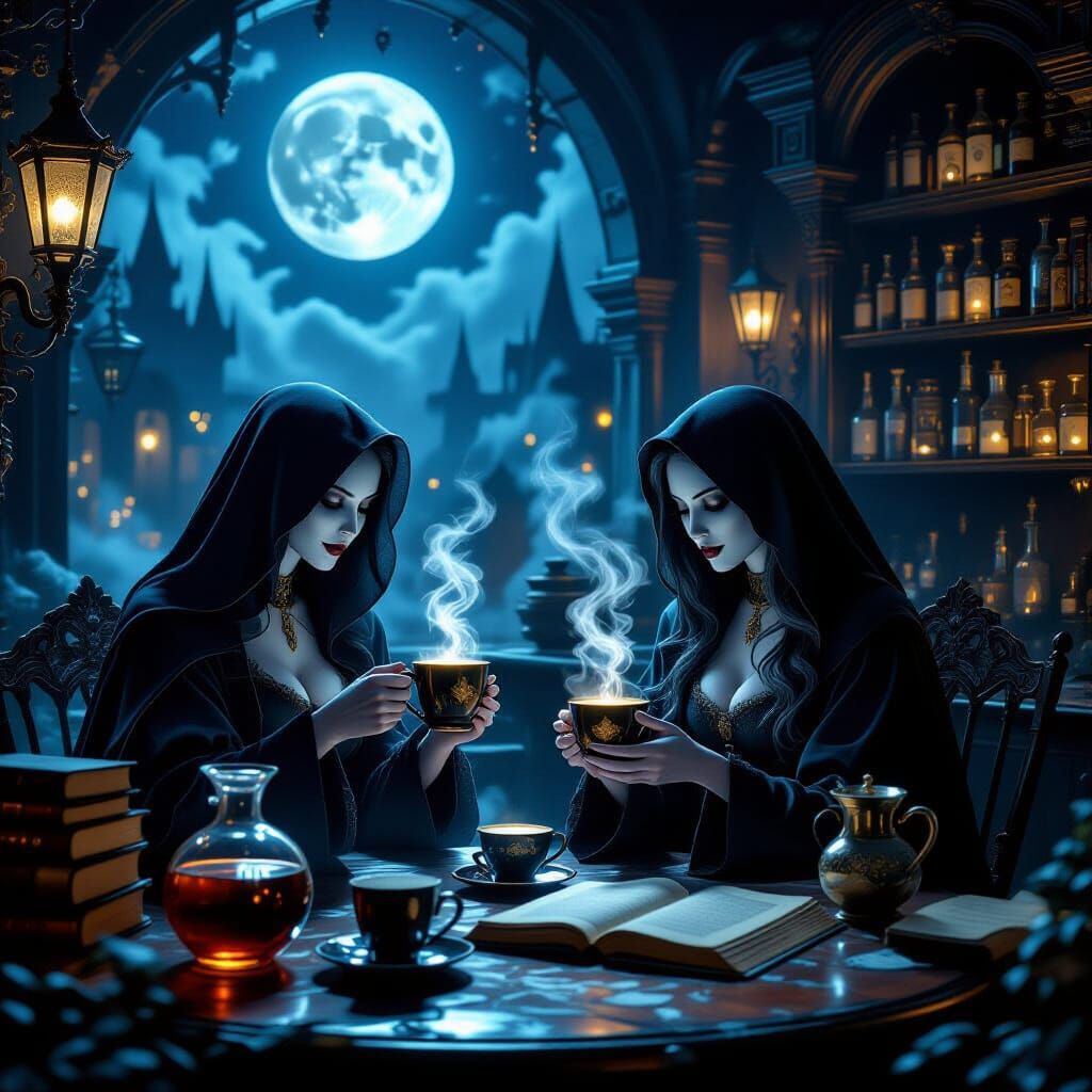 Ethereal Coffeehouse with Ghostly Baristas in Dark Fantasy S...
