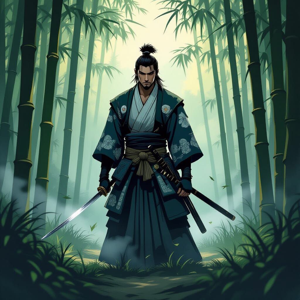 Samurai in Misty Bamboo Forest, Ukiyo-e Style
