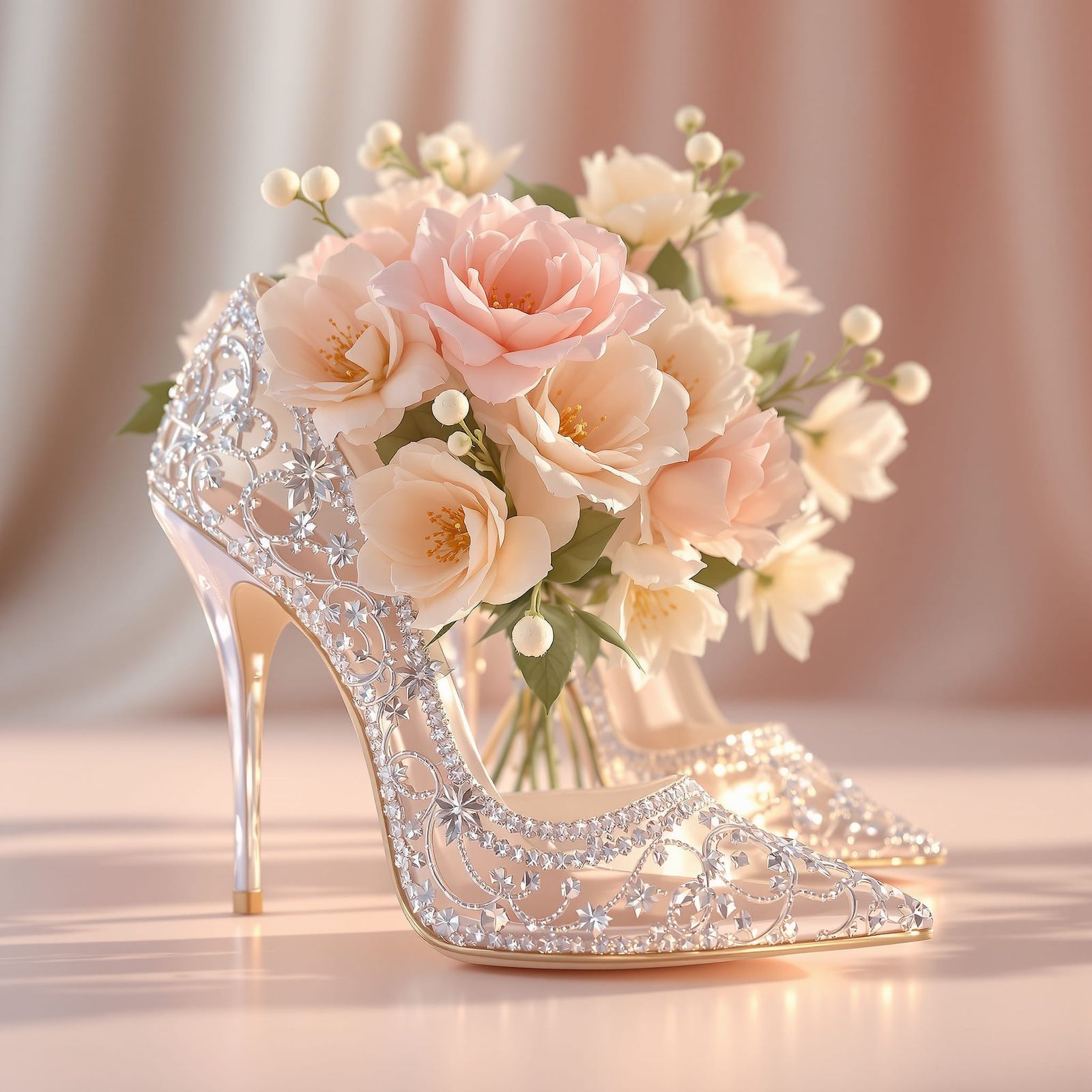 Crystal Heels Holding Pastel Flower Bouquet