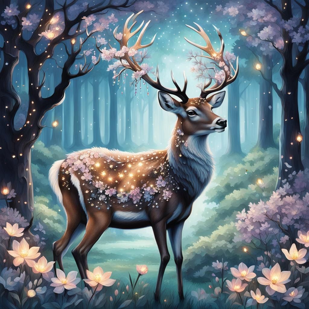 Crystal Antlered Deer in Ethereal Woodland