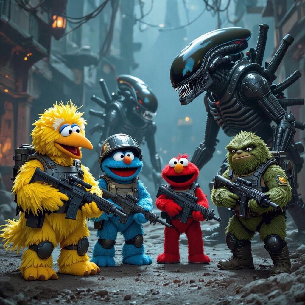 Sesame Street Characters in Alien Colonial Marine Armor Batt...