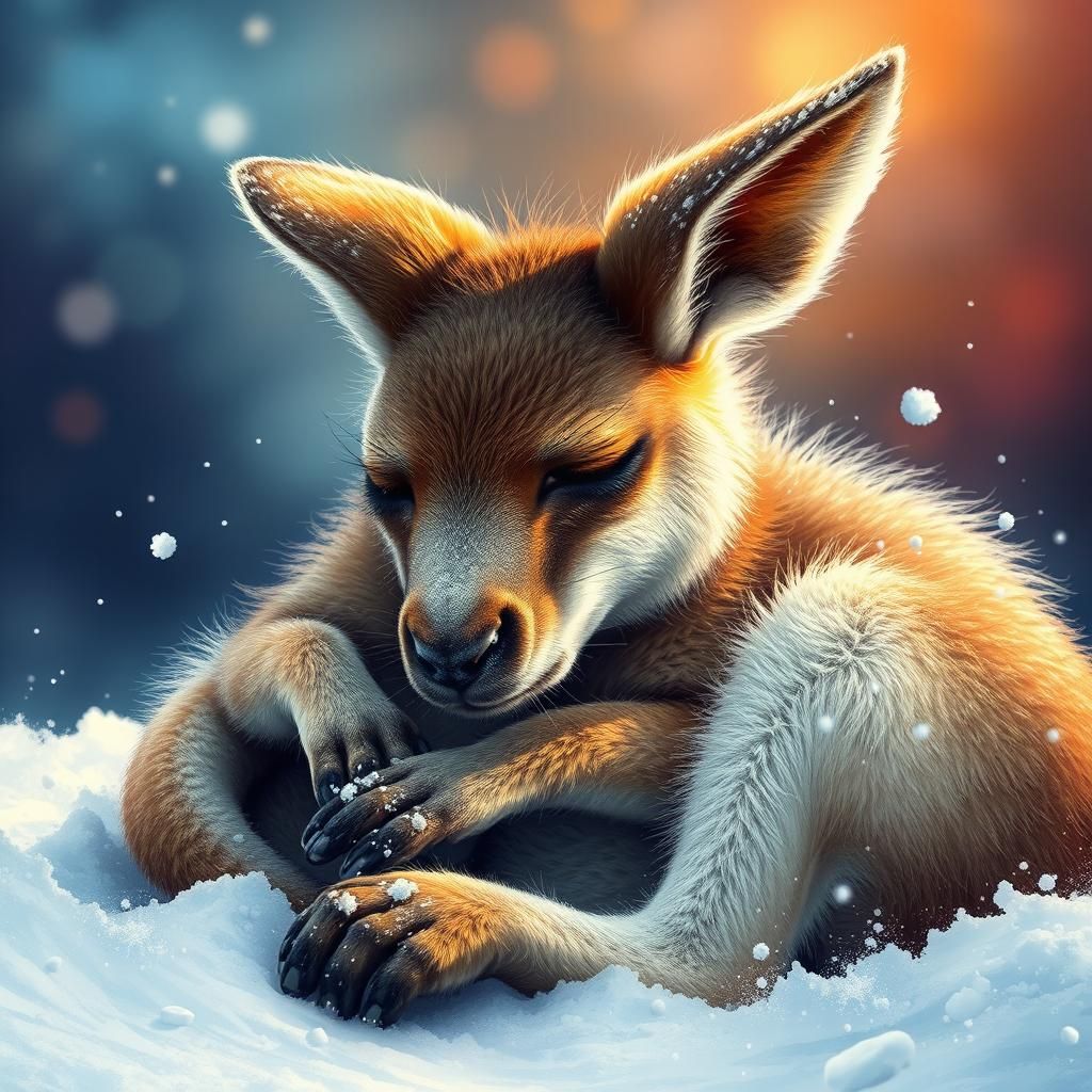 Baby Kangaroo Sleeping in Snow, Hyperrealistic Digital Art