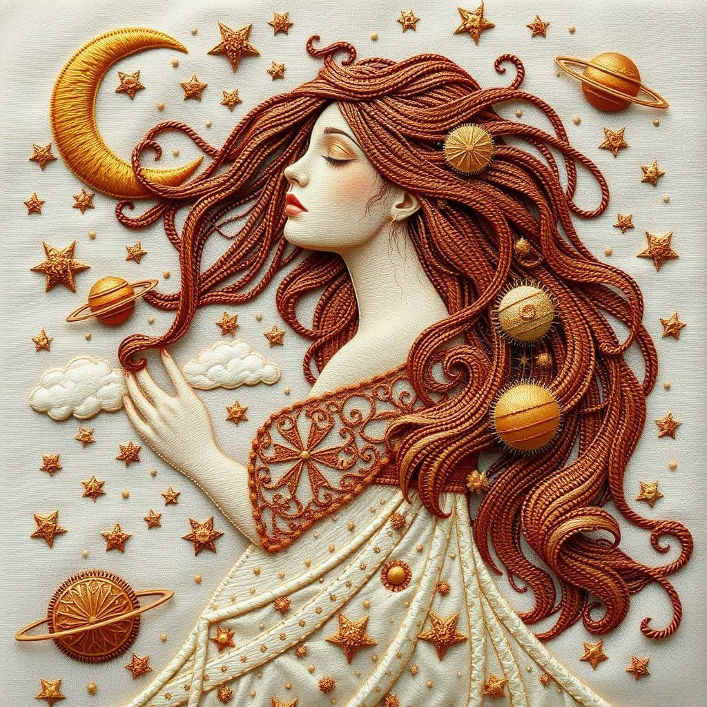 Surreal Embroidered Goddess Amidst Celestial Wonders