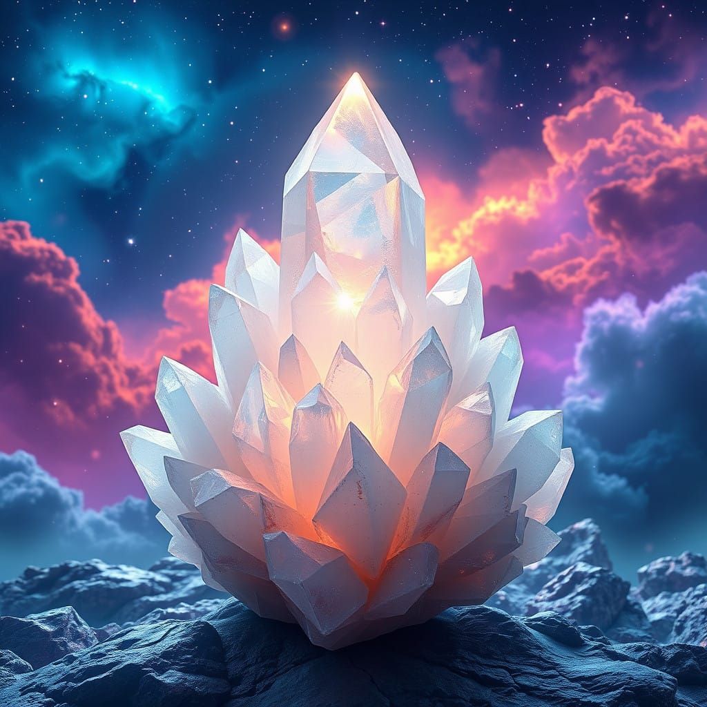 Majestic Opalescent Crystal Formation in Futuristic Starry L...