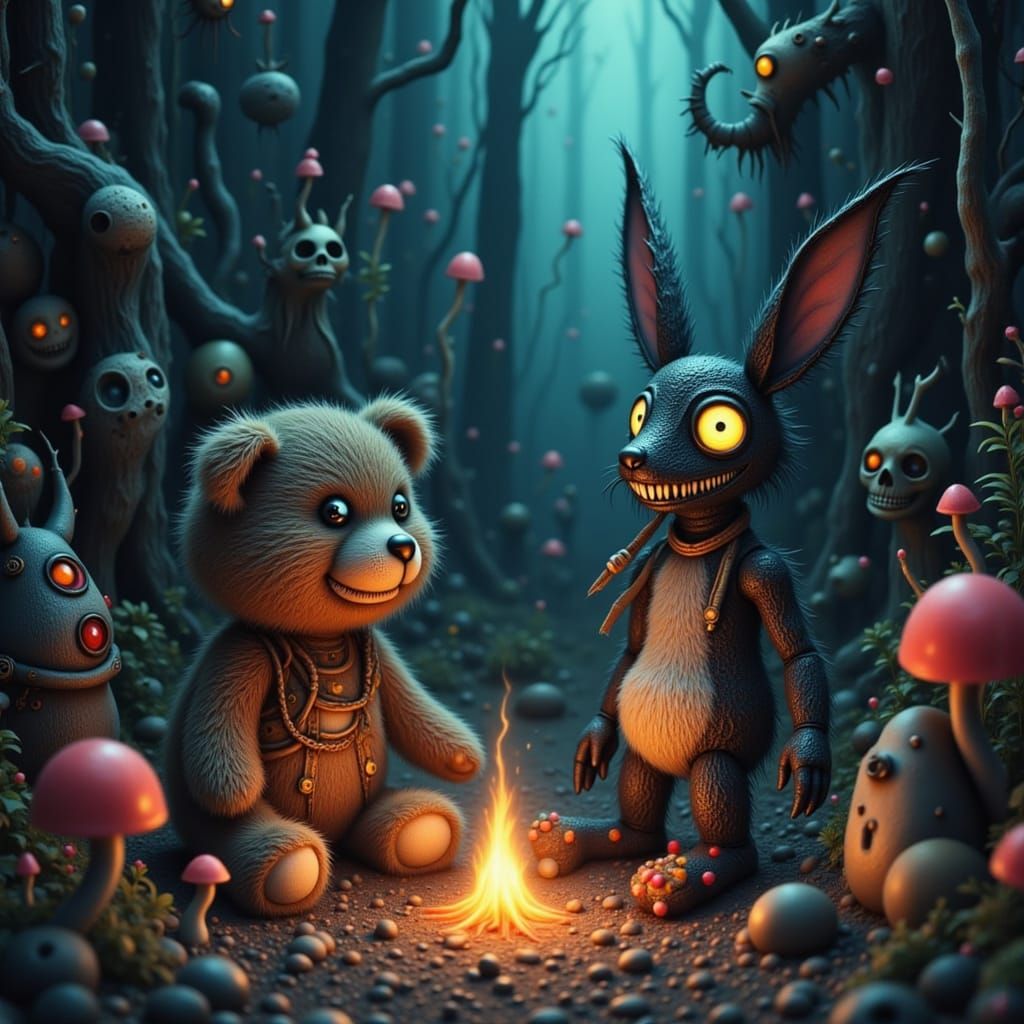 <lora:Fantasy 7:1.0> A group of mischievous, slightly sinister stuffed animals are gathered around a campfire in a dark,...