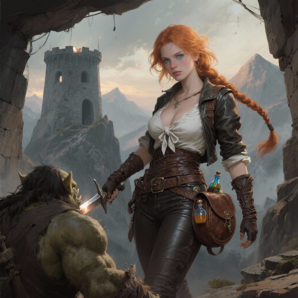 Fantasy Adventuress Stabbing Orc in Watchtower