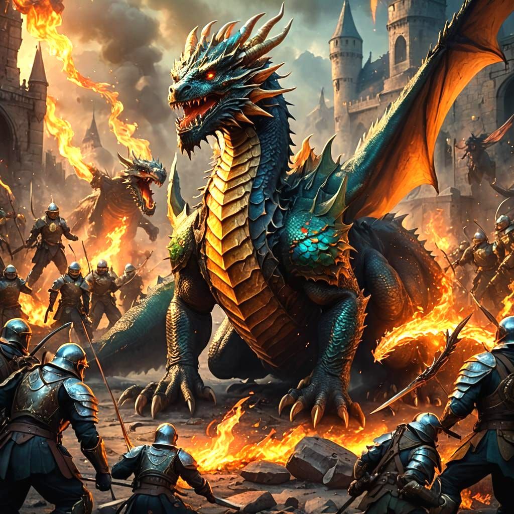 Dragon Fire Battle Scene in Detailed Matte Painting