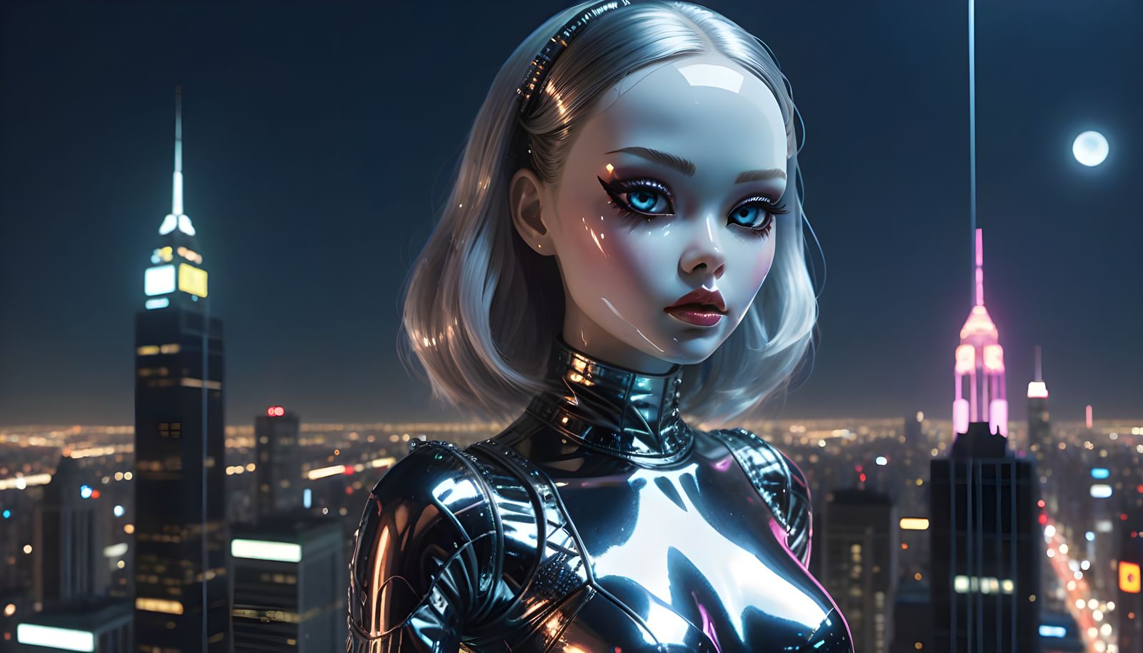 Cybernetic Doll with Chrome Suit Under Neon Moon