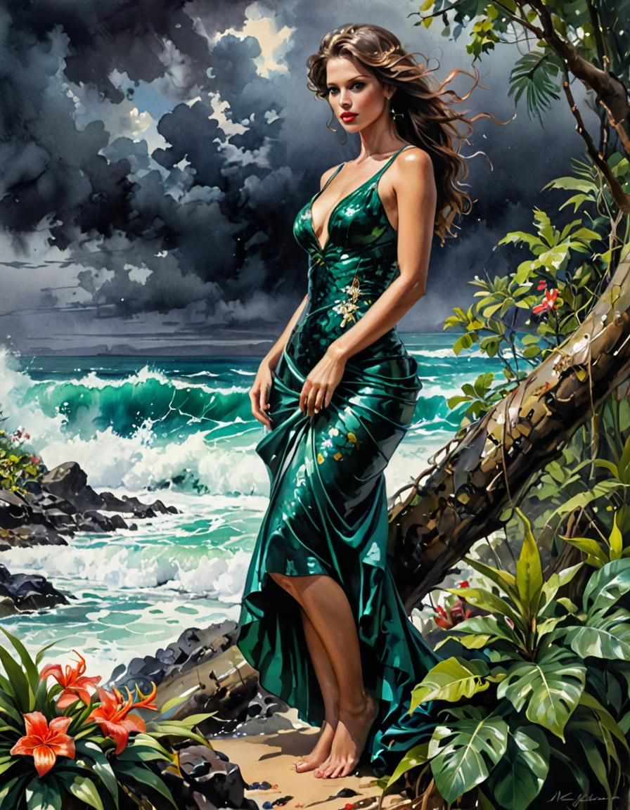 Emerald Boa in Stormy Watercolour Jungle