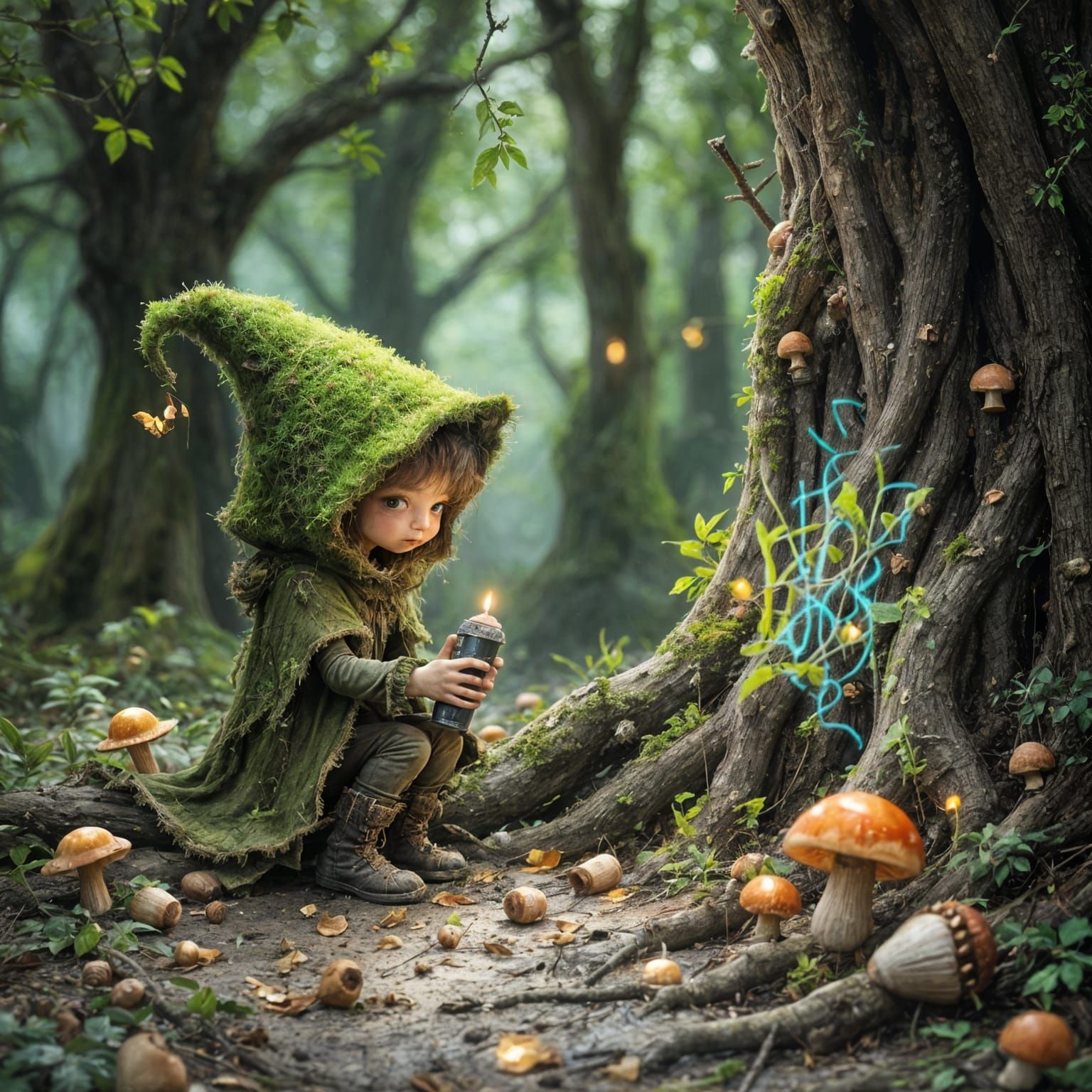 Whimsical Forest Sprite Paints Graffiti on Ancient Tree Root...