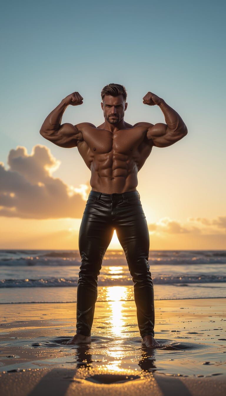 Muscular Man in Tight Leather Jeans on Beach Flexing Muscles
