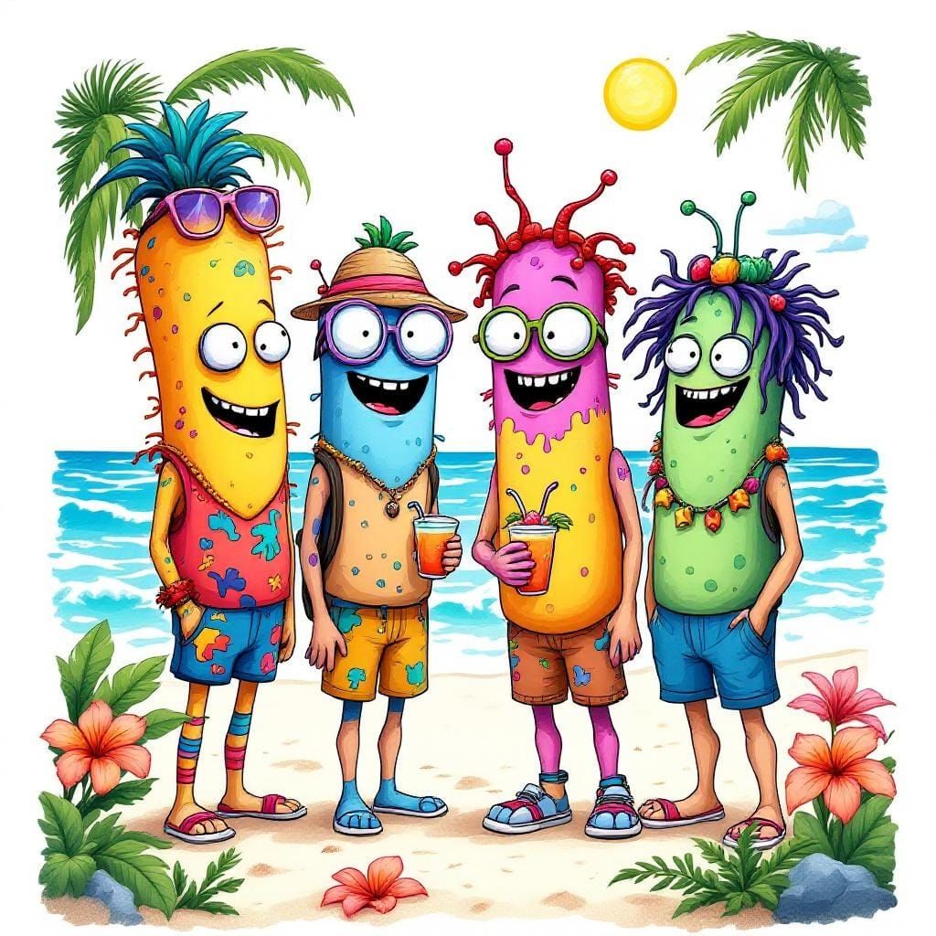Cartoon Bacteria Enjoying Beach Vacation