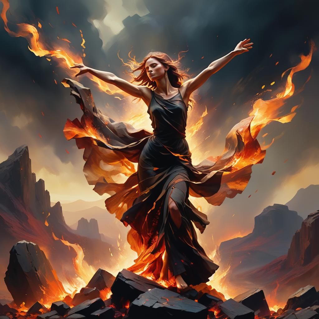 Ethereal Portrait in Fiery Landscape, Fauvist Expressionism