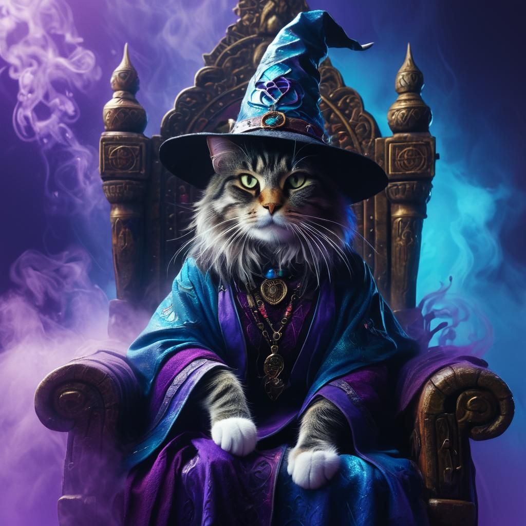 Enthroned Cat Witch in a Mystical Setting