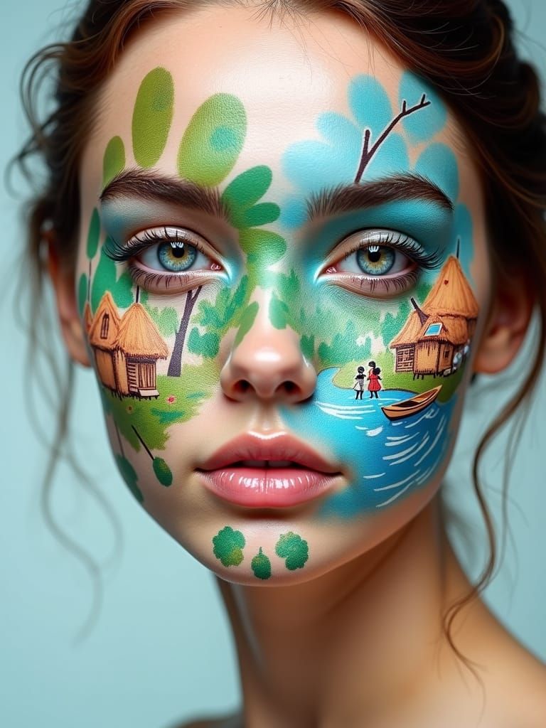 Village Scene Splash Art on Woman's Face