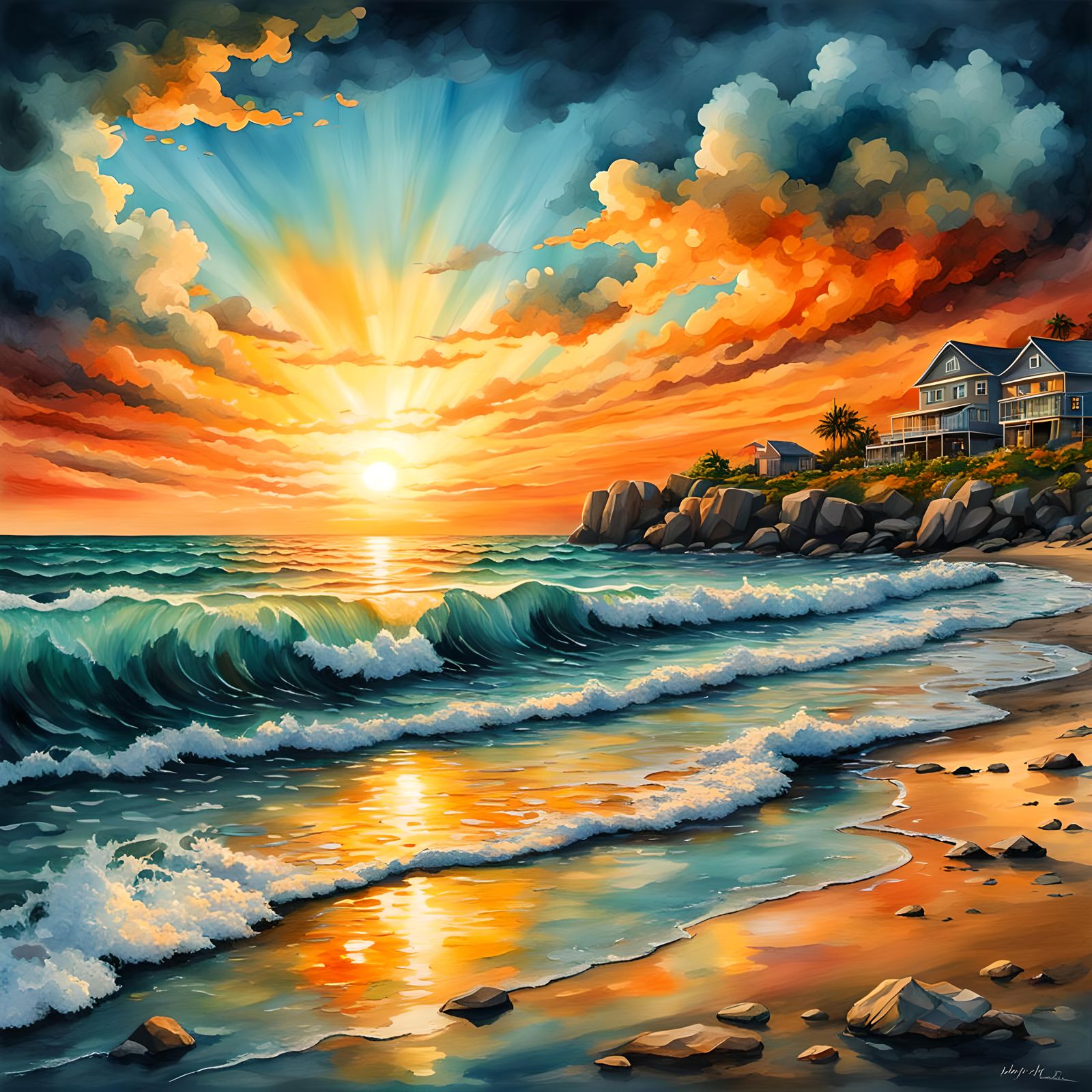 Vivid Aquamarine Sunset Beach Scene in Watercolor Style