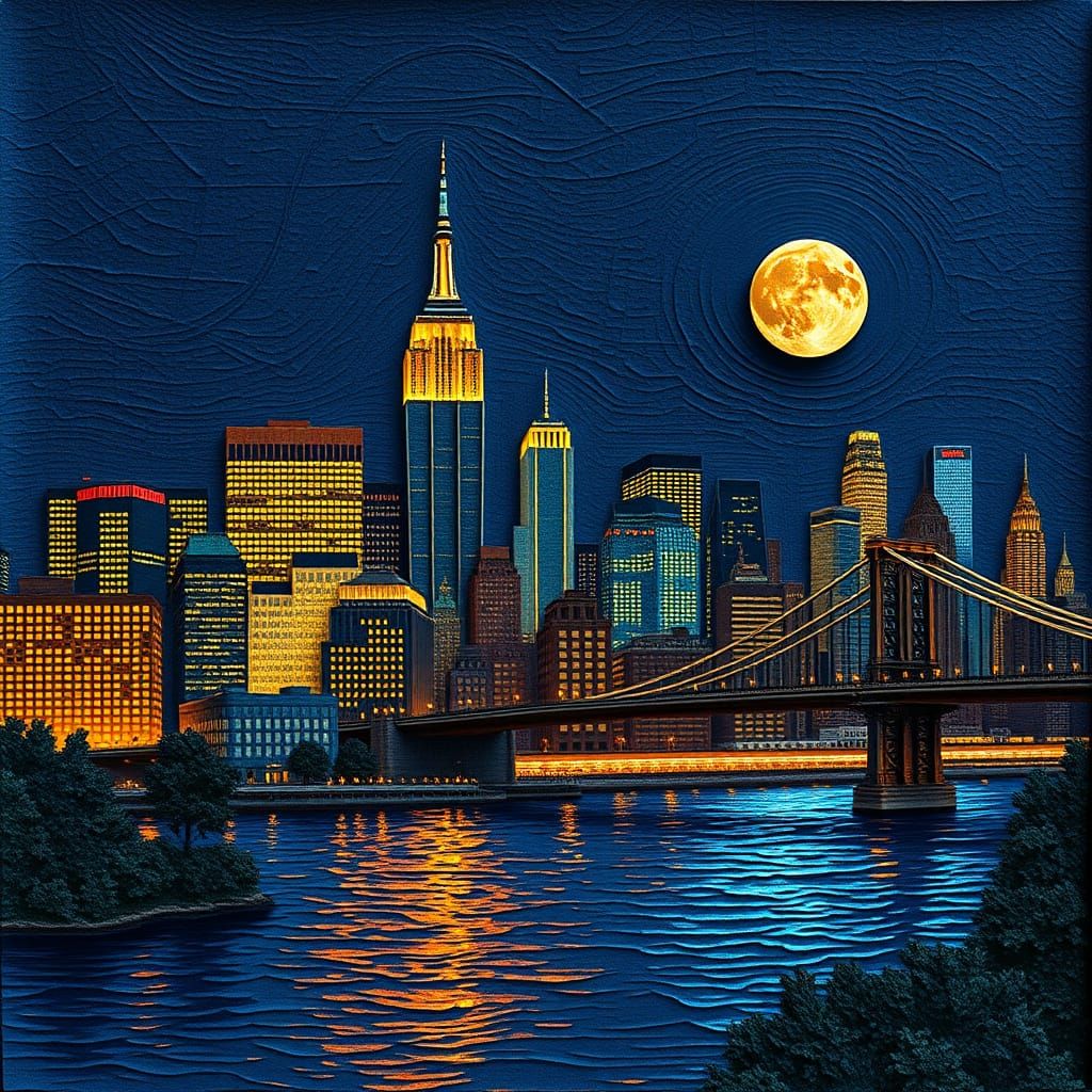 Moonlit New York Cityscape in Vibrant Palette Knife Art