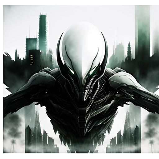 Surreal Alien Double Exposure in Dystopian Cityscape