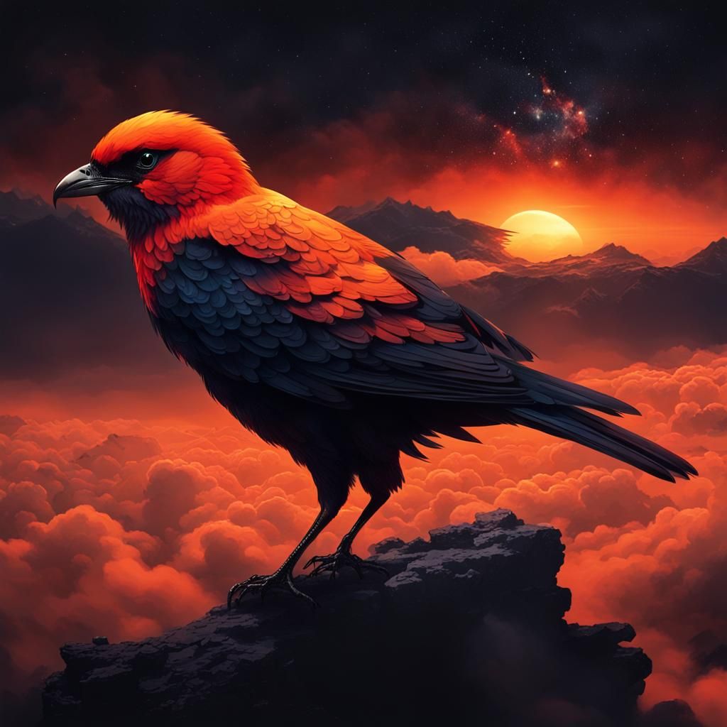 Fiery Red Bird Silhouette at Sunset
