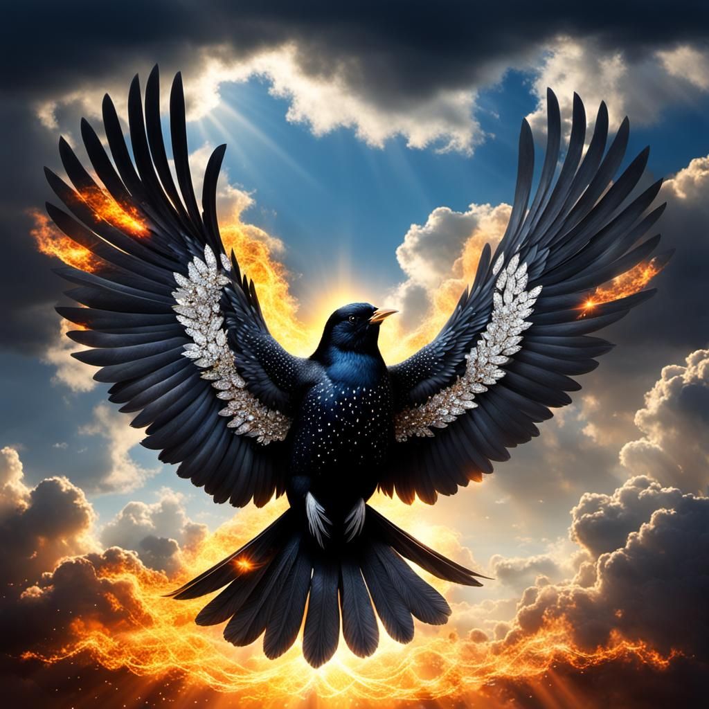 Diamond Encrusted Bird Flying in Fire