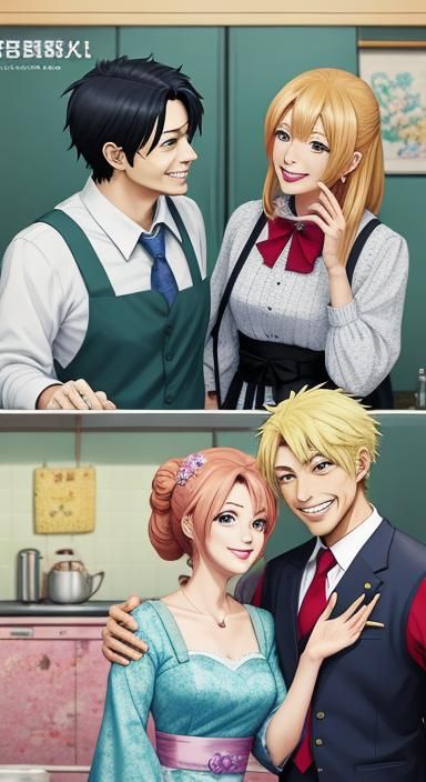 Smiling Housewife and Husband in Anime Style