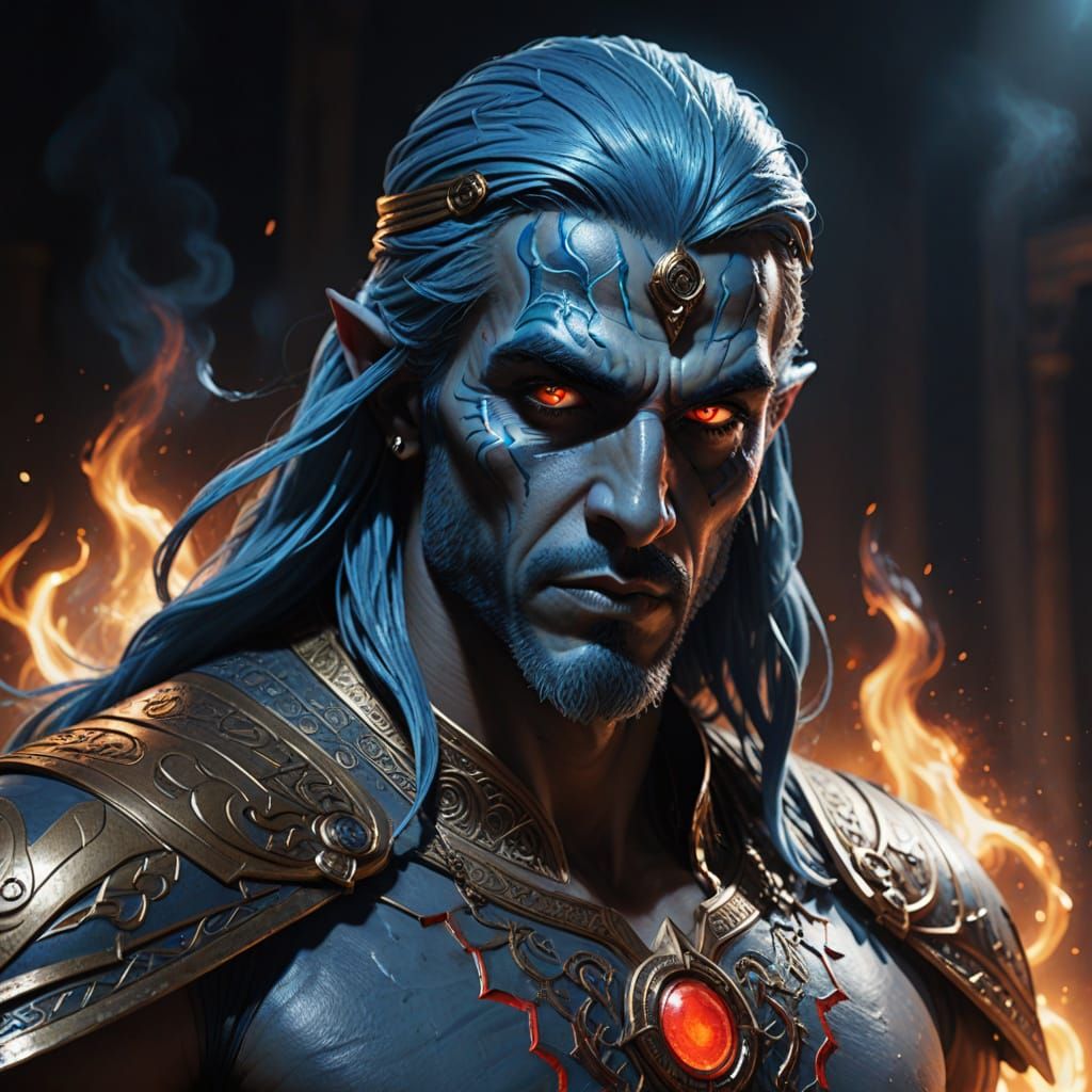 Hyperrealistic Blue Djinn Superhero Portrait