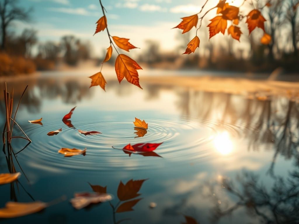 Serene Autumn Pond Reflecting Golden Sky
