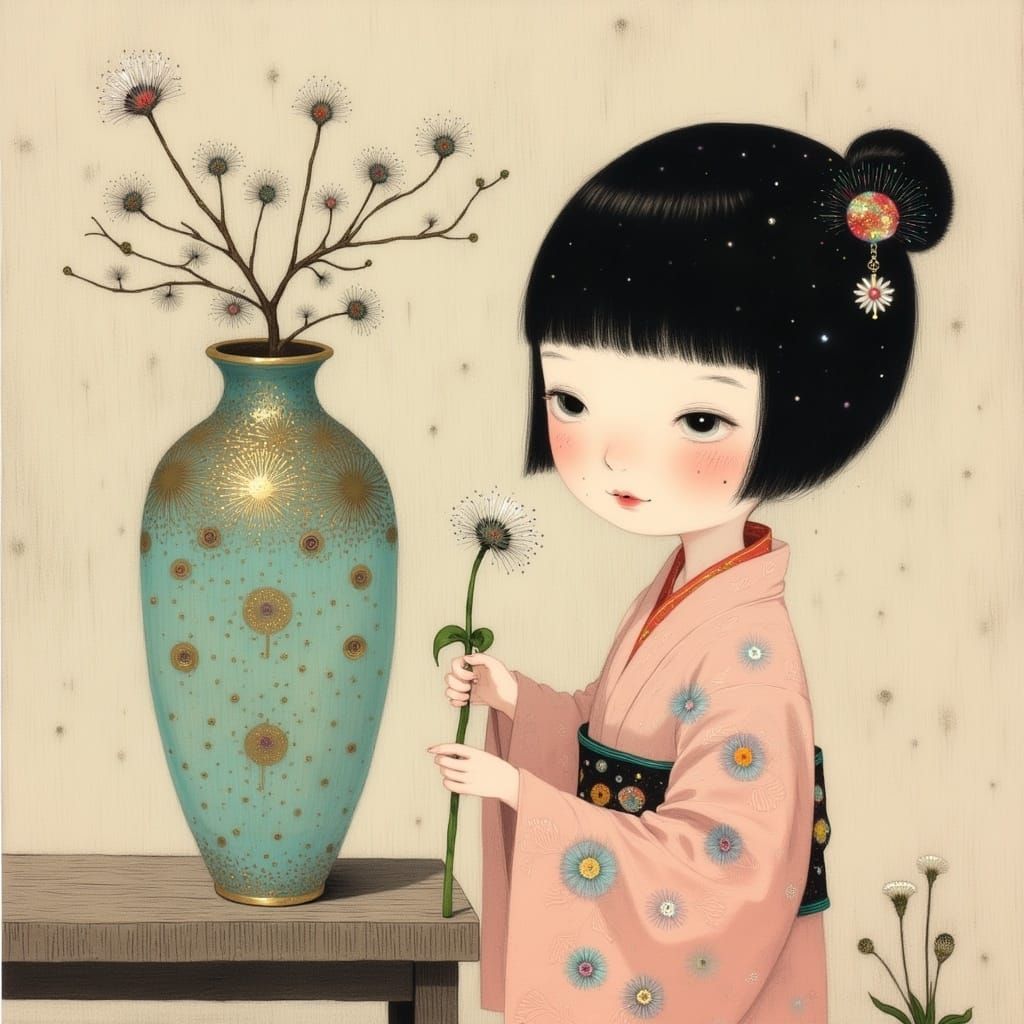 Ethereal Girl Examines Delicate Japanese Vase in Soft, Paste...